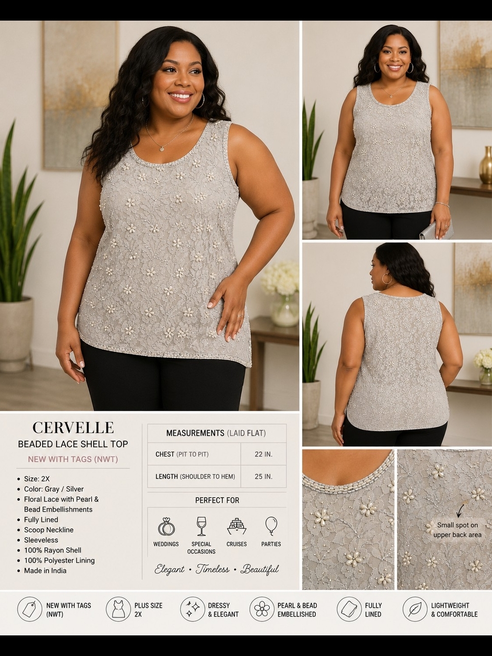 Cervelle Beaded Lace Shell Top 2X Gray Silver Floral Evening Tank NWT